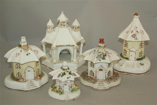 Five Staffordshire porcelain toll house pastille burners, c.1835, height 8.5 - 17cm